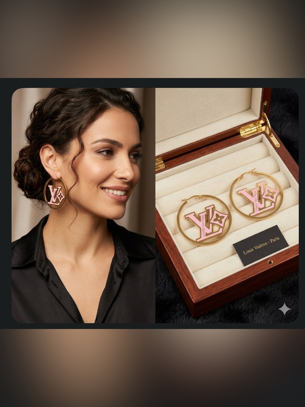 Gold Hoop Earrings with Pink LV Monogram Drops